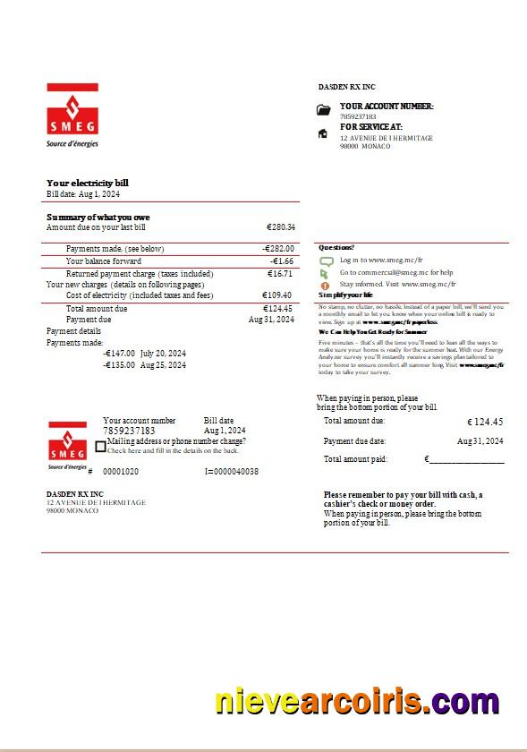 Monaco SMEG electricity business utility bill